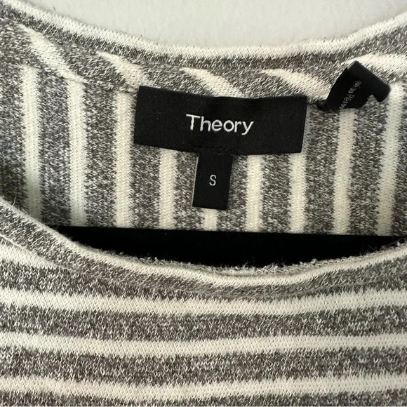 Theory Long Sleeve Gray & White Stripe Crew Neck Hi/Lo Cotton Sweater Size S GUC - Picture 3 of 8